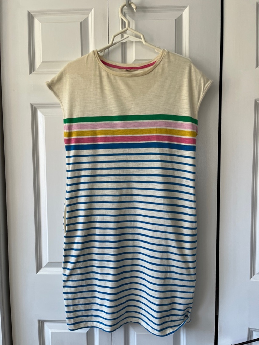 Boden Cream Knit Dress with Blue Stripes and Multicolor Bands